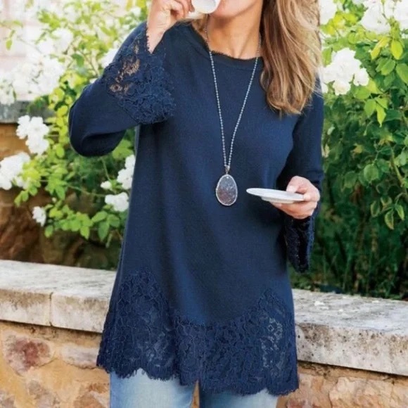 Soft Surroundings Isabeau Sweater Wool Cashmere Navy Blue Lace Bell Sleeve SZ M - Picture 10 of 10